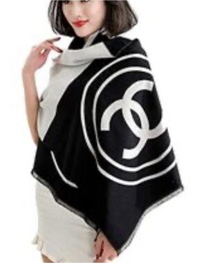CHANEL Black and White Logo Wrap Scarf